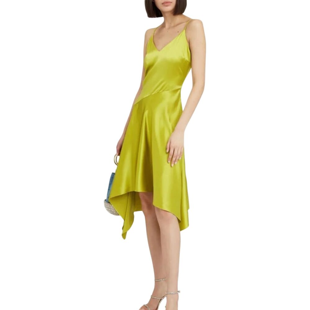 Fleur du Mal Chartreuse Silk Bias Slip Dress V-Neck Asymmetric Handkerchief Hem